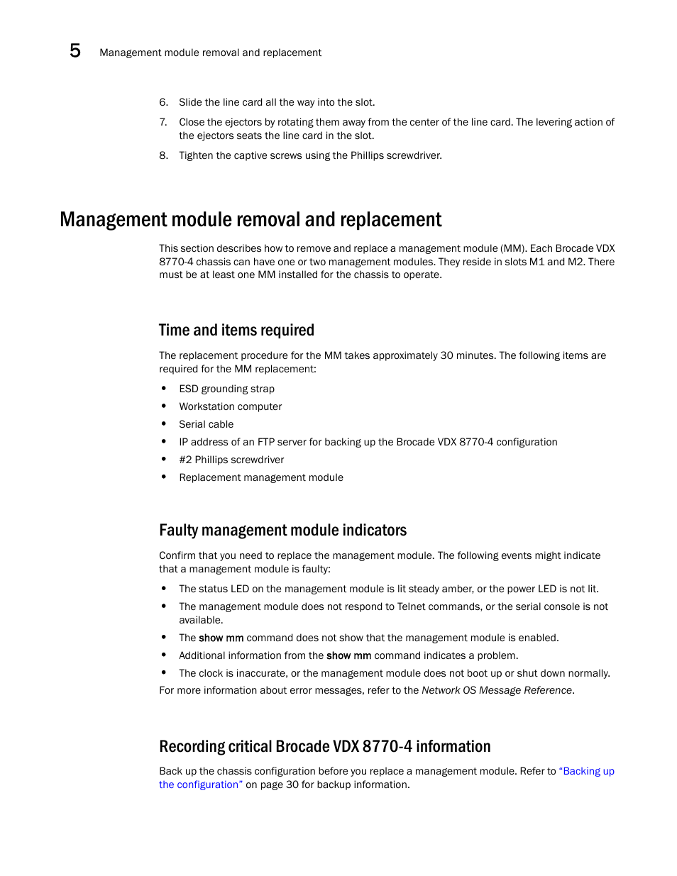 Management module removal and replacement, Time and items required, Faulty management module indicators | Recording critical brocade vdx 8770-4 information | Brocade Communications Systems Brocade VDX 8770-4 User Manual | Page 72 / 116