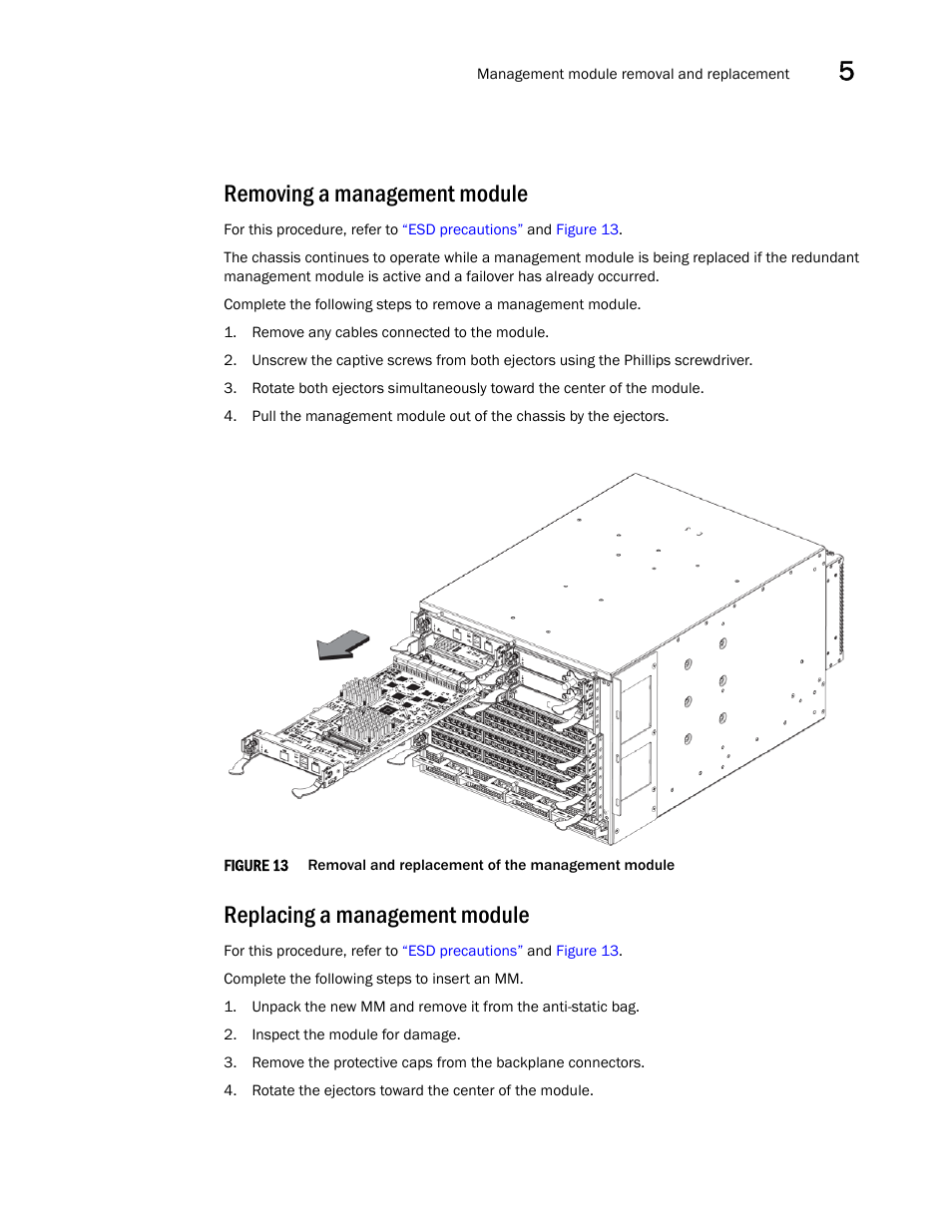 Removing a management module, Replacing a management module, Figure 13 | Removal and replace | Brocade Communications Systems Brocade VDX 8770-4 User Manual | Page 73 / 116