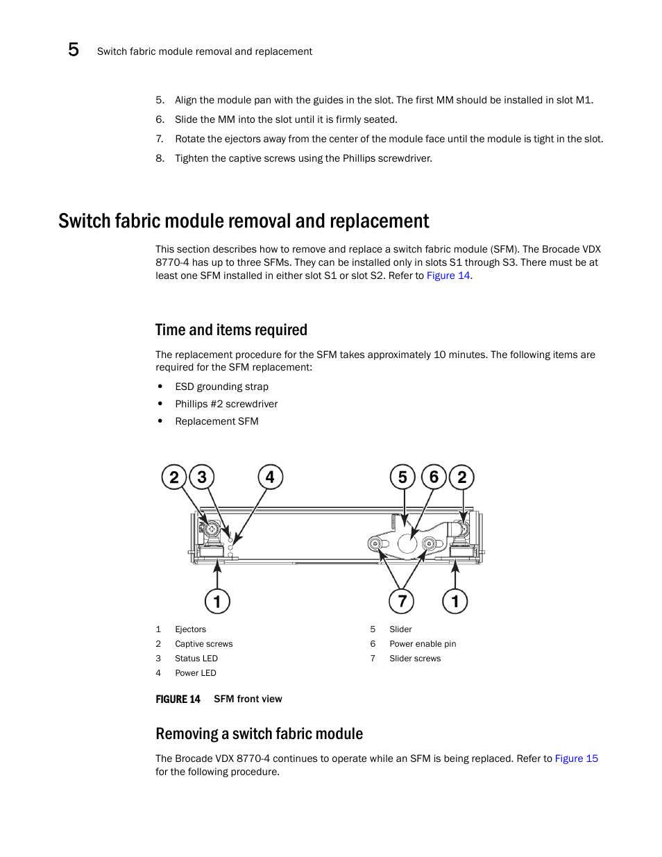 Switch fabric module removal and replacement, Time and items required, Removing a switch fabric module | Figure 14, Sfm front view | Brocade Communications Systems Brocade VDX 8770-4 User Manual | Page 74 / 116
