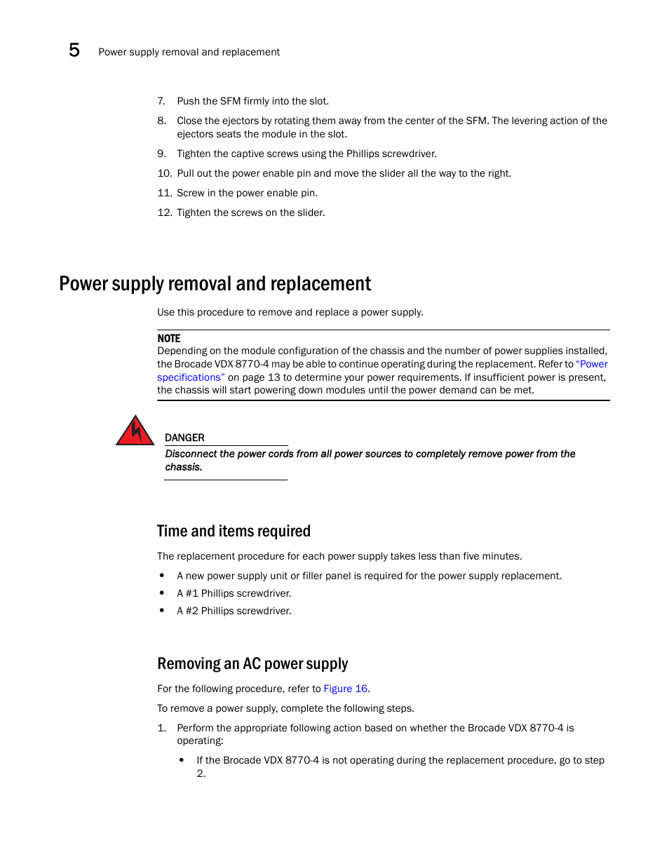 Power supply removal and replacement, Time and items required, Removing an ac power supply | Brocade Communications Systems Brocade VDX 8770-4 User Manual | Page 76 / 116