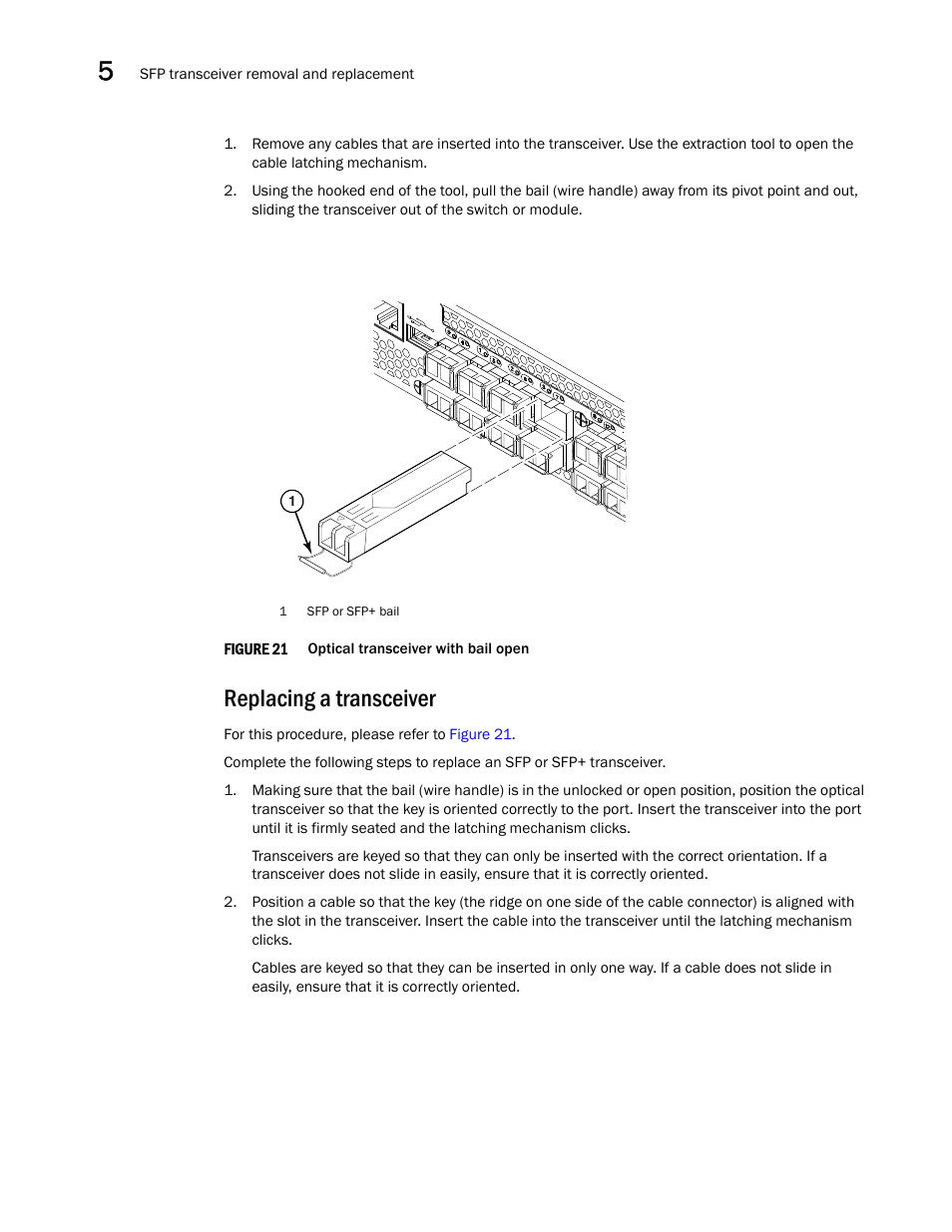 Replacing a transceiver, Figure 21, Optical transceive | Brocade Communications Systems Brocade VDX 8770-4 User Manual | Page 86 / 116