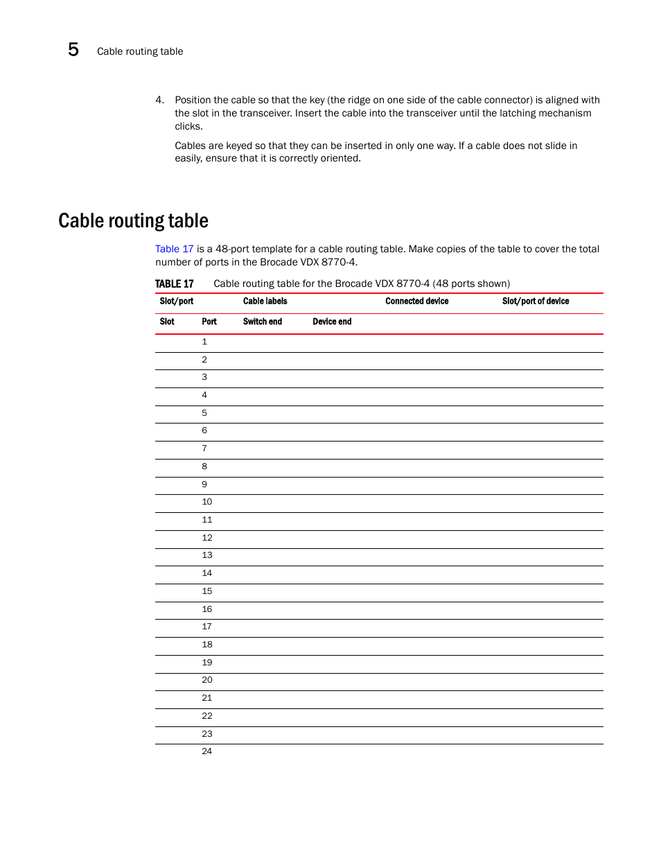 Cable routing table, Table 17, Cable | Routing table | Brocade Communications Systems Brocade VDX 8770-4 User Manual | Page 88 / 116