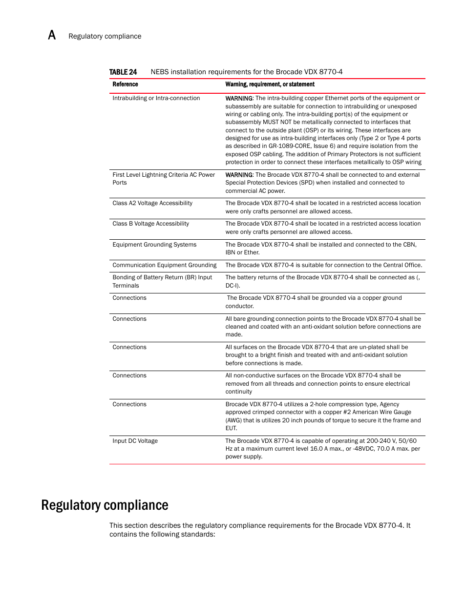 Regulatory compliance, Table 24, Regulatory | Compliance | Brocade Communications Systems Brocade VDX 8770-4 User Manual | Page 98 / 116