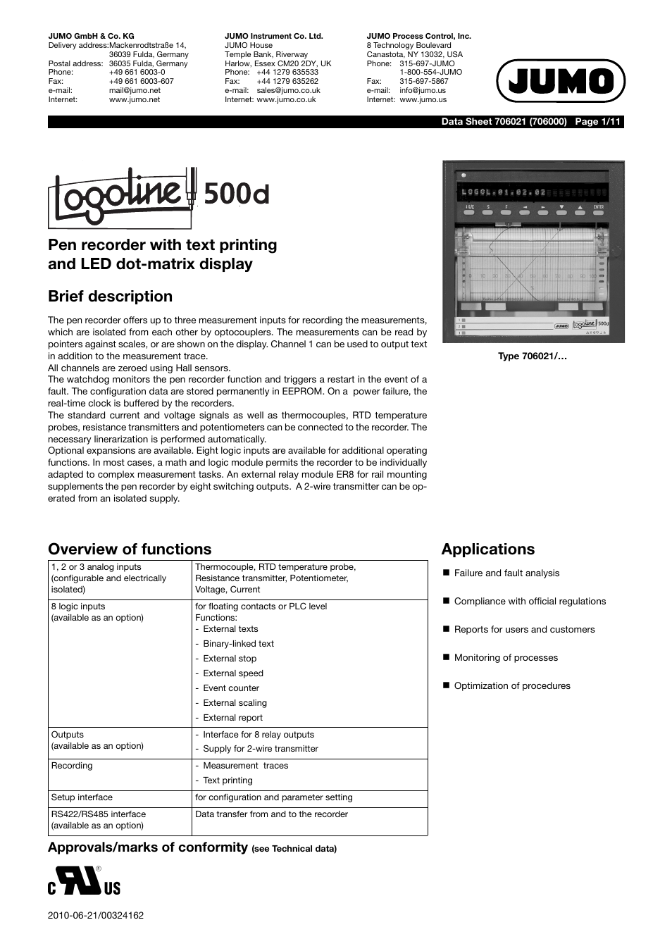 JUMO 706021 LOGOLINE 500d Line Recorder Data Sheet User Manual | 11 pages