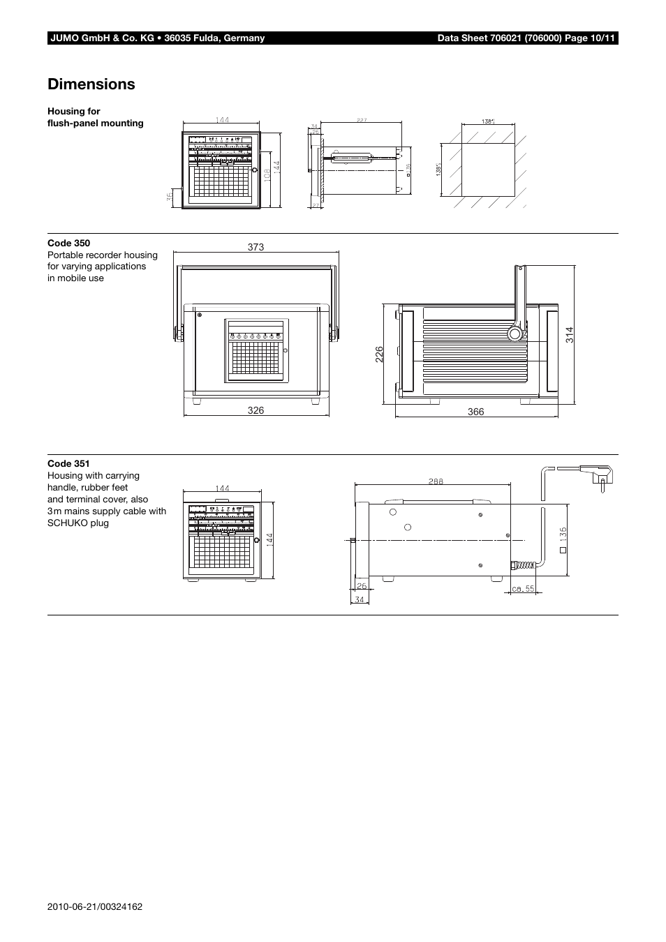 Dimensions | JUMO 706021 LOGOLINE 500d Line Recorder Data Sheet User Manual | Page 10 / 11