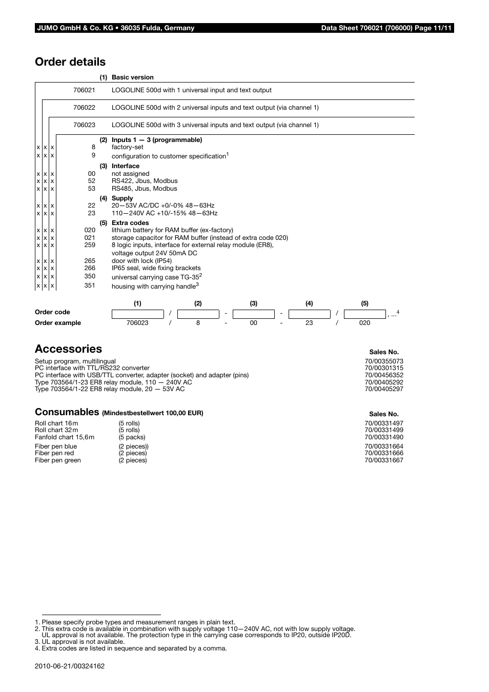 Order details, Accessories, Consumables | JUMO 706021 LOGOLINE 500d Line Recorder Data Sheet User Manual | Page 11 / 11