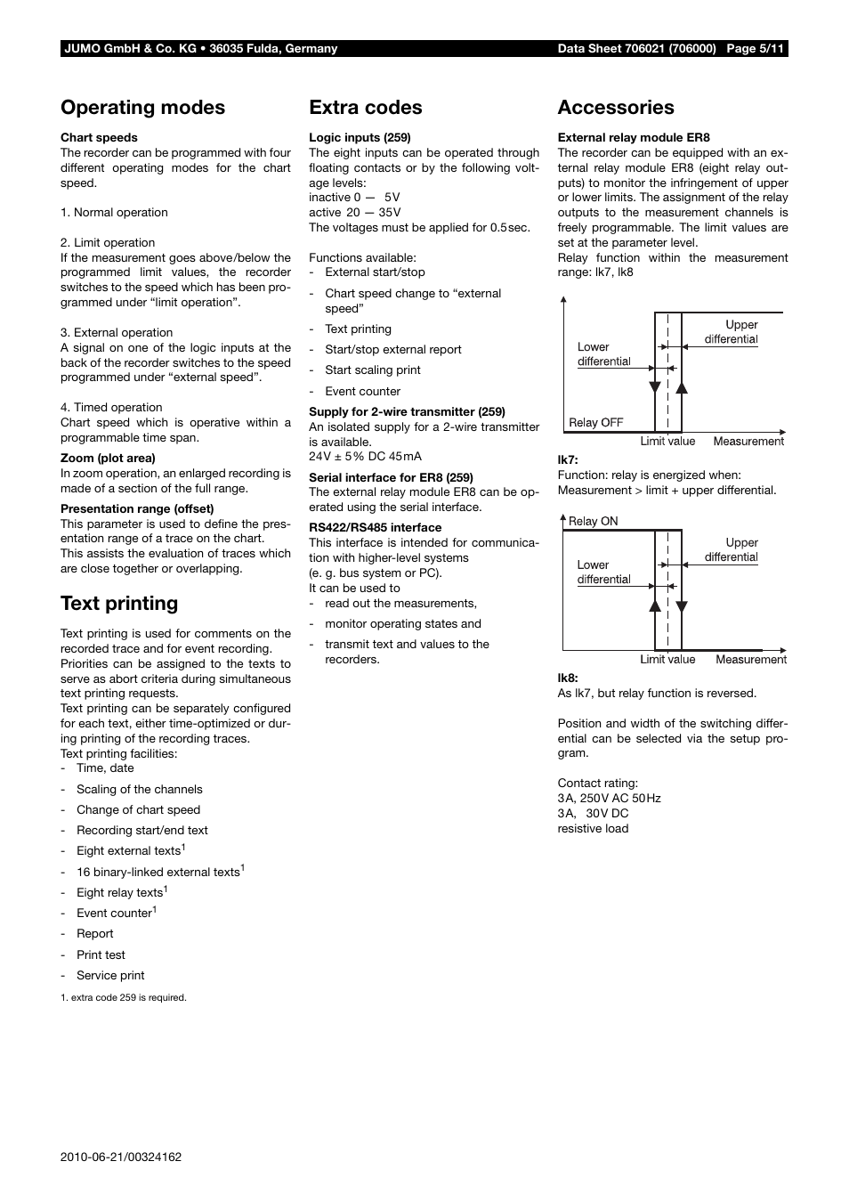 Operating modes, Text printing, Extra codes | Accessories | JUMO 706021 LOGOLINE 500d Line Recorder Data Sheet User Manual | Page 5 / 11