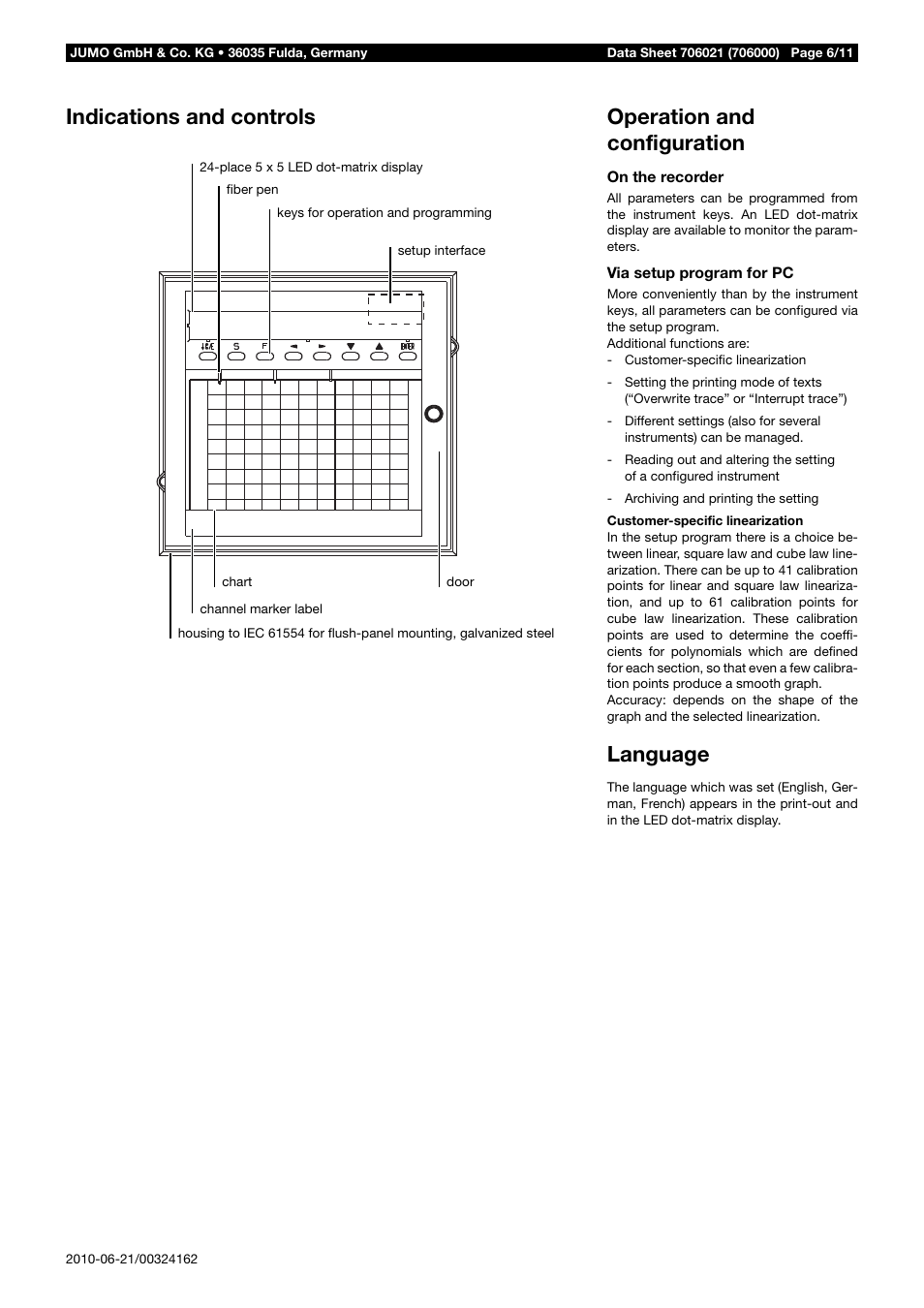 Indications and controls, Operation and configuration, Language | JUMO 706021 LOGOLINE 500d Line Recorder Data Sheet User Manual | Page 6 / 11