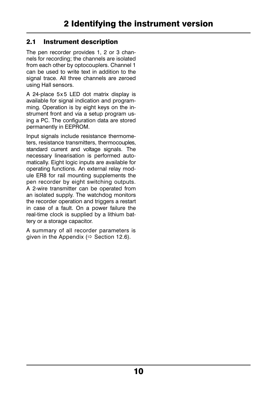 2 identifying the instrument version, 1 instrument description, Identifying the instrument version | Instrument description, 10 2 identifying the instrument version | JUMO 706021 LOGOLINE 500d Line Recorder Operating Manual User Manual | Page 10 / 140