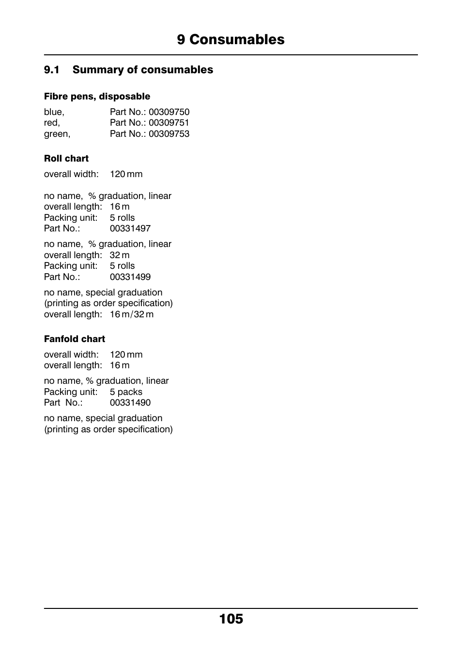 9 consumables, 1 summary of consumables, Consumables | Summary of consumables, 105 9 consumables | JUMO 706021 LOGOLINE 500d Line Recorder Operating Manual User Manual | Page 105 / 140