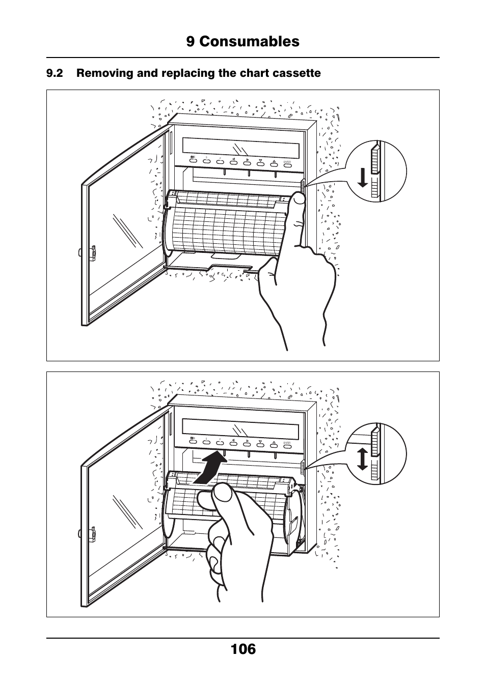 2 removing and replacing the chart cassette, 2 removing, Replacing the chart cassette | 9 consumables 106 | JUMO 706021 LOGOLINE 500d Line Recorder Operating Manual User Manual | Page 106 / 140