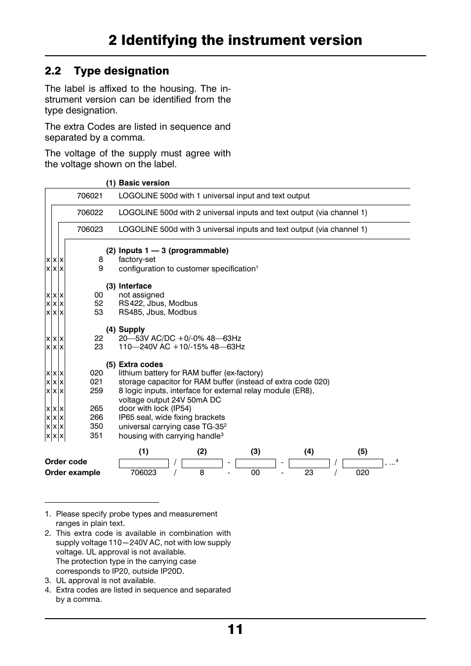 2 type designation, Type designation, 2 identifying the instrument version 11 | JUMO 706021 LOGOLINE 500d Line Recorder Operating Manual User Manual | Page 11 / 140