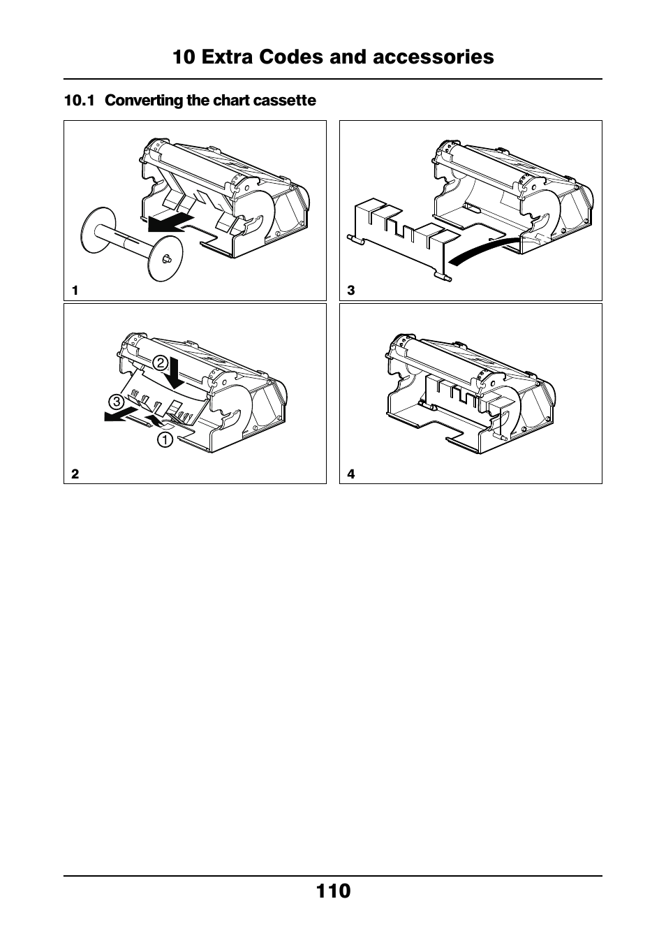 10 extra codes and accessories, 1 converting the chart cassette, Extra codes and accessories | Converting the chart cassette | JUMO 706021 LOGOLINE 500d Line Recorder Operating Manual User Manual | Page 110 / 140