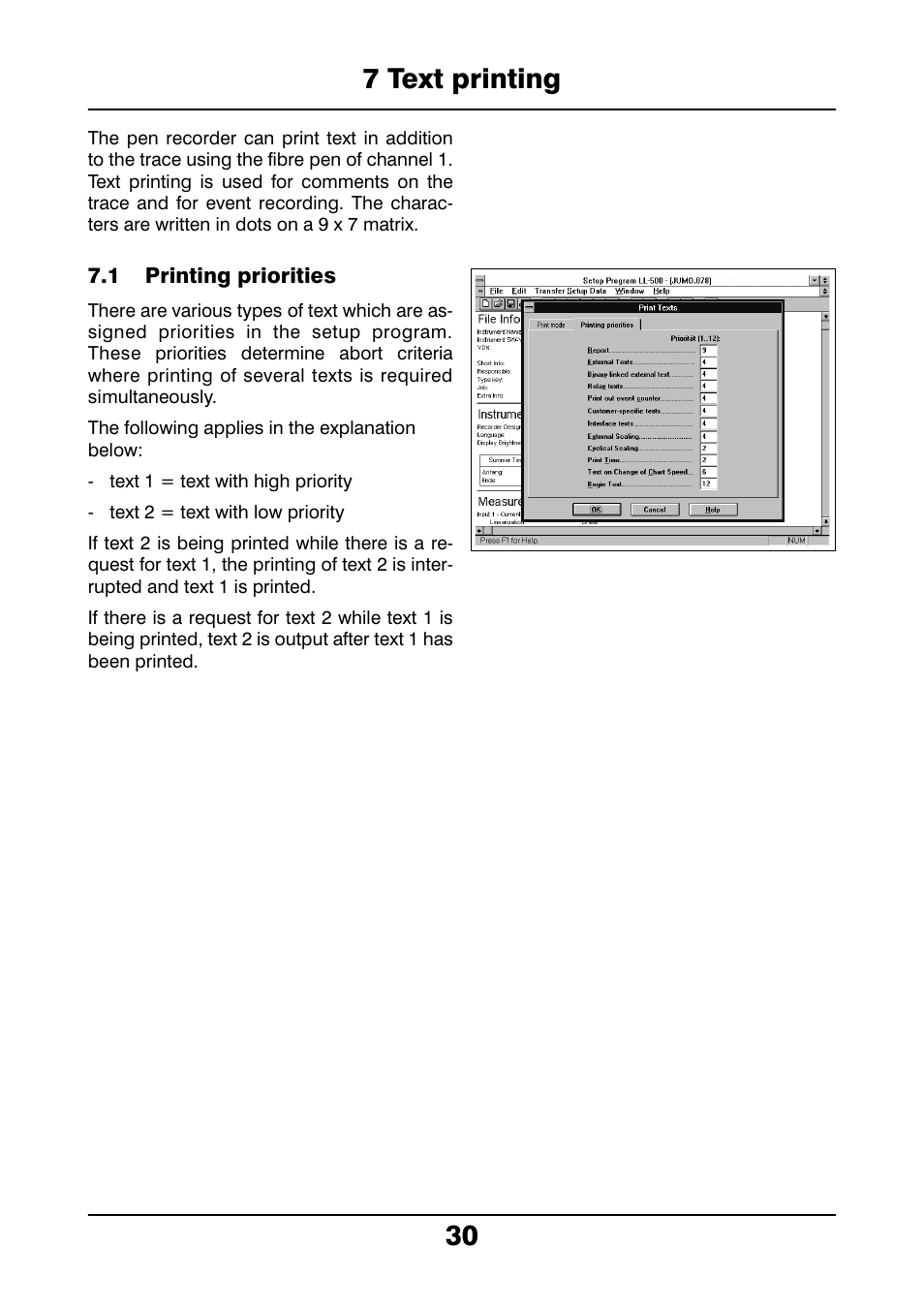 7 text printing, 1 printing priorities, Text printing | Printing priorities, 30 7 text printing | JUMO 706021 LOGOLINE 500d Line Recorder Operating Manual User Manual | Page 30 / 140