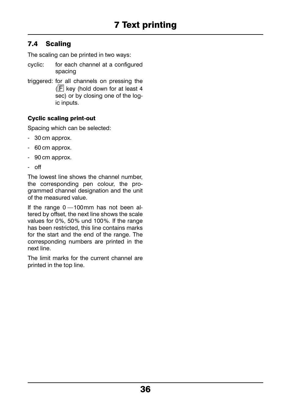 4 scaling, Scaling, 7 text printing 36 | JUMO 706021 LOGOLINE 500d Line Recorder Operating Manual User Manual | Page 36 / 140