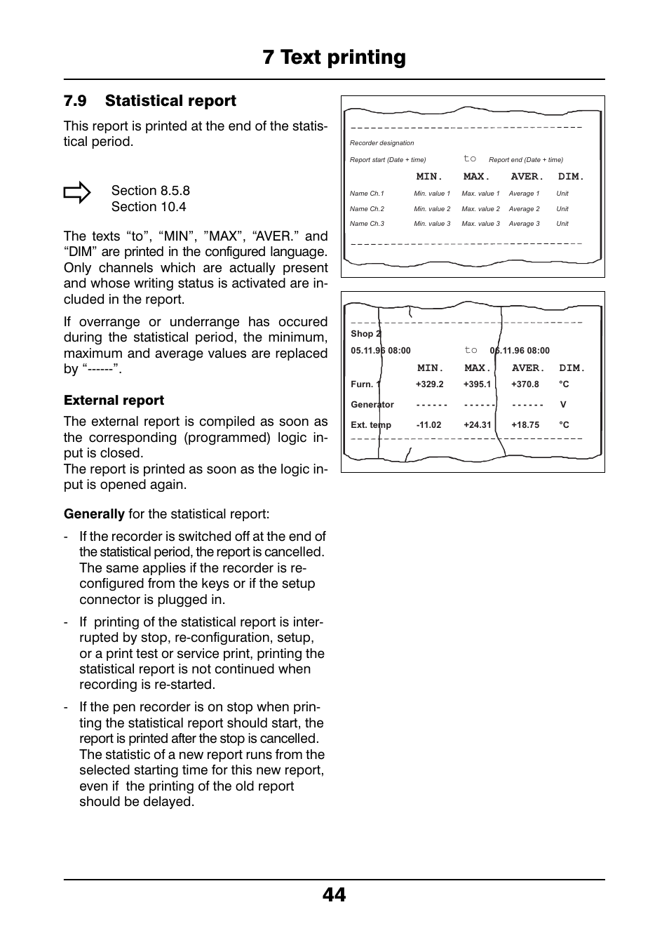 9 statistical report, Statistical report, 7 text printing 44 | JUMO 706021 LOGOLINE 500d Line Recorder Operating Manual User Manual | Page 44 / 140