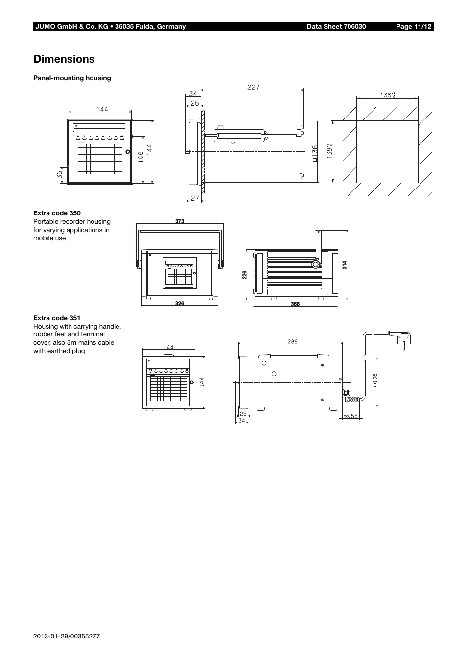 Dimensions | JUMO 706030 LOGOPRINT 500 Printing Recorder Data Sheet User Manual | Page 11 / 12