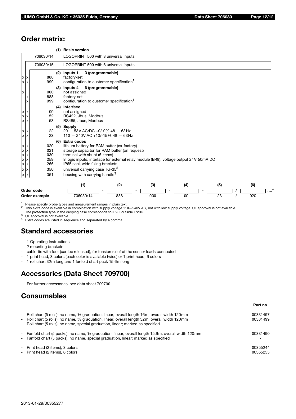 Standard accessories, Consumables order matrix | JUMO 706030 LOGOPRINT 500 Printing Recorder Data Sheet User Manual | Page 12 / 12