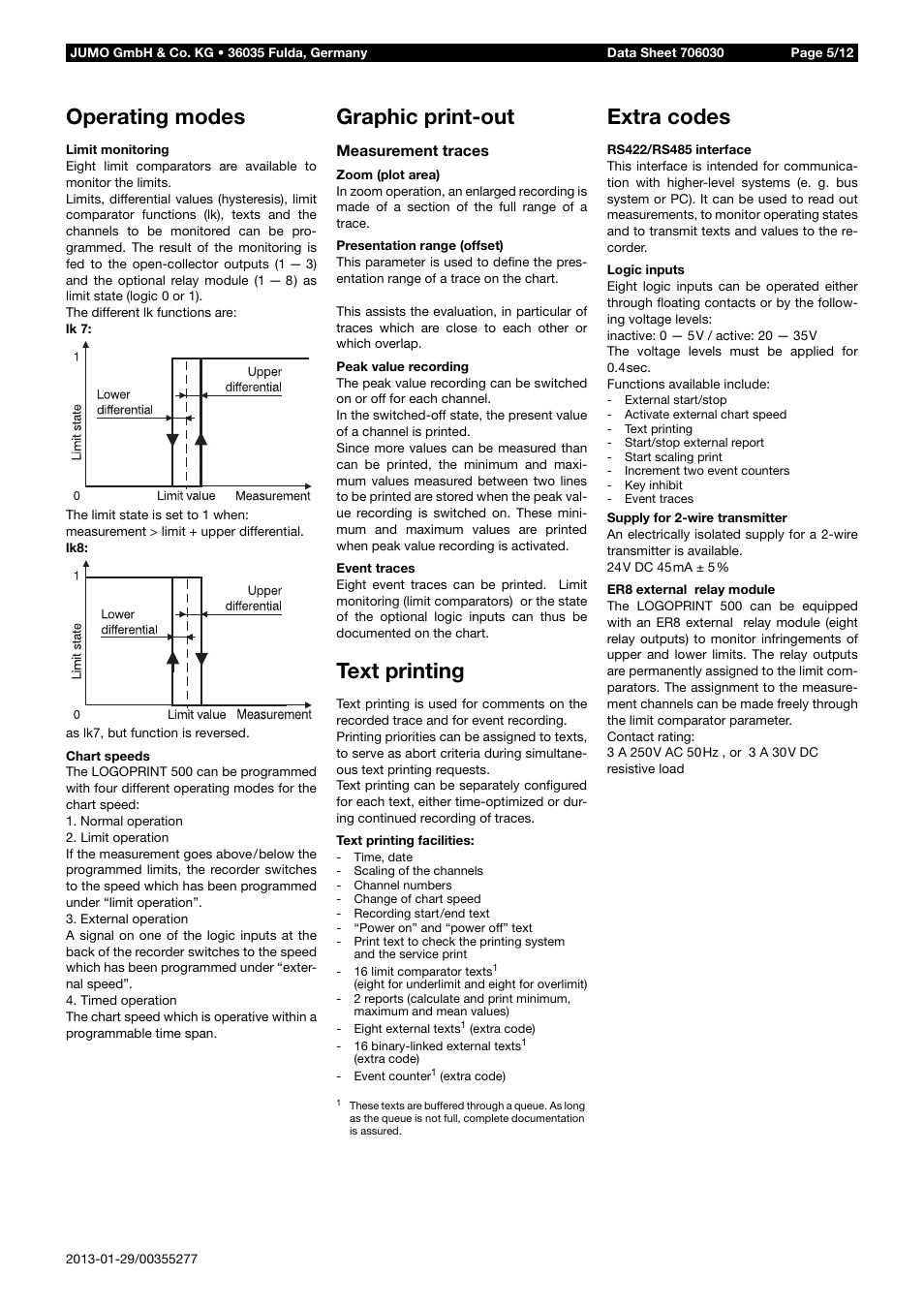 Operating modes, Graphic print-out, Text printing | Extra codes | JUMO 706030 LOGOPRINT 500 Printing Recorder Data Sheet User Manual | Page 5 / 12