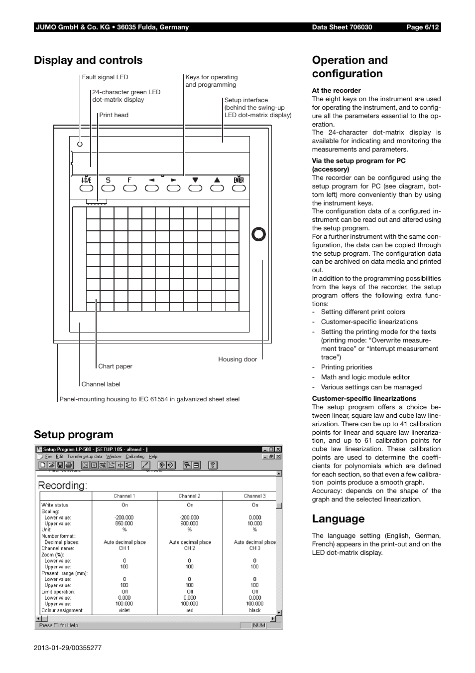 Display and controls setup program, Operation and configuration, Language | JUMO 706030 LOGOPRINT 500 Printing Recorder Data Sheet User Manual | Page 6 / 12
