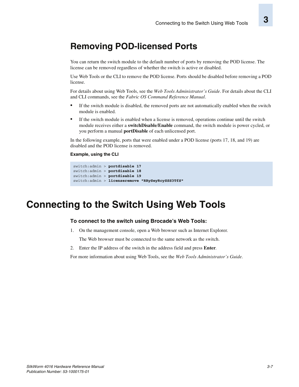 Removing pod-licensed ports, Connecting to the switch using web tools, 3removing pod-licensed ports | Brocade Communications Systems SILKWORM 4016 User Manual | Page 33 / 54