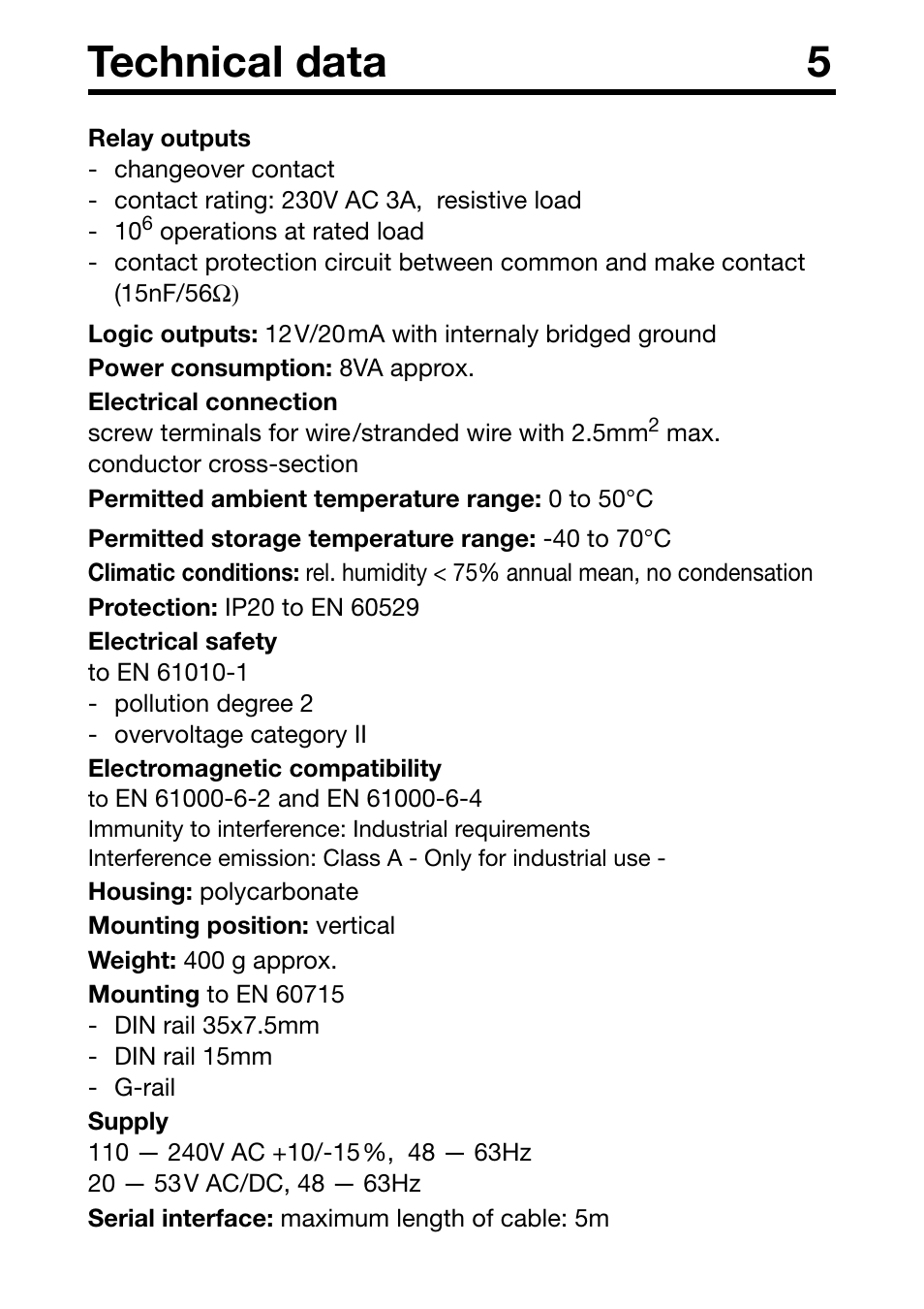 Technical data 5 | JUMO 706030 LOGOPRINT 500 Printing Recorder External Relay Module/Logic Module Operating Manual User Manual | Page 14 / 24