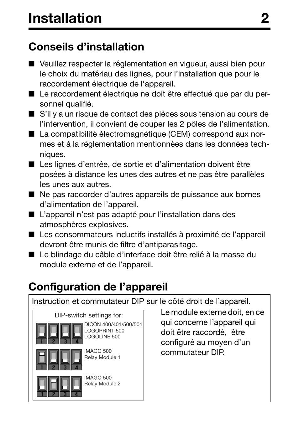 Installation 2, Conseils d’installation, Configuration de l’appareil | JUMO 706030 LOGOPRINT 500 Printing Recorder External Relay Module/Logic Module Operating Manual User Manual | Page 19 / 24