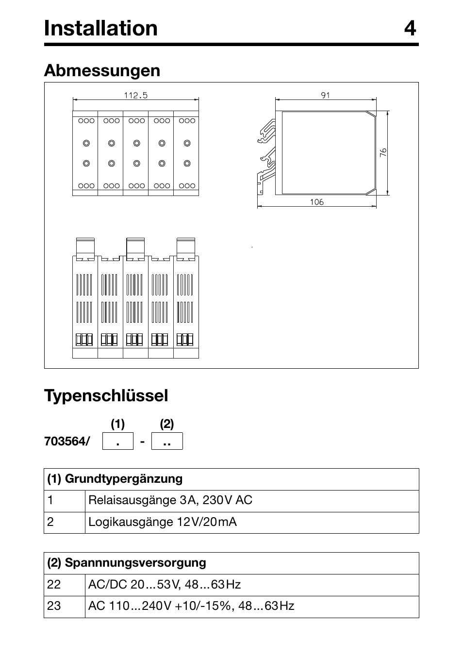 Installation 4, Abmessungen typenschlüssel | JUMO 706030 LOGOPRINT 500 Printing Recorder External Relay Module/Logic Module Operating Manual User Manual | Page 5 / 24