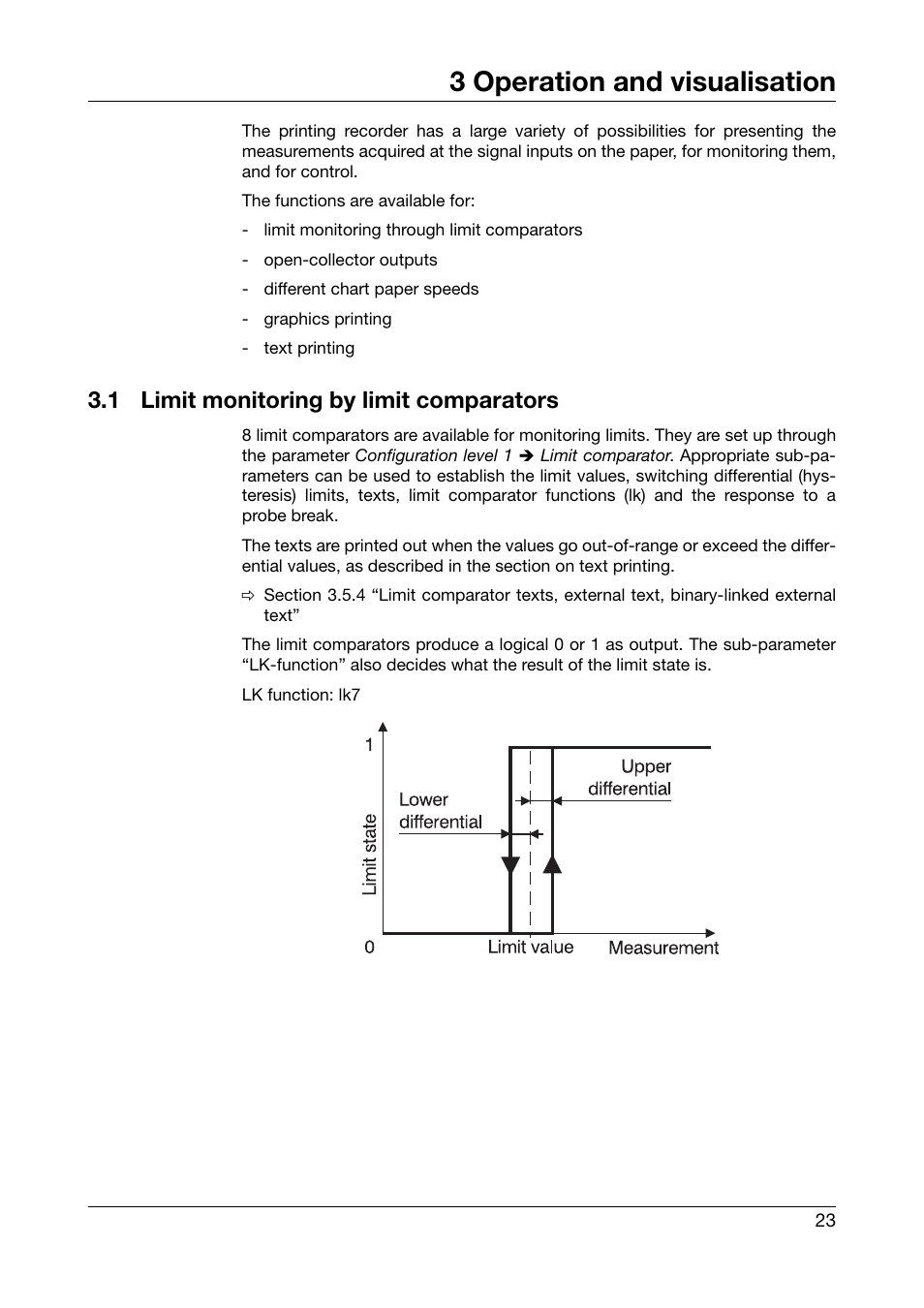3 operation and visualisation, 1 limit monitoring by limit comparators, Operation and visualisation | Limit monitoring by limit comparators | JUMO 706030 LOGOPRINT 500 Printing Recorder Operating Manual User Manual | Page 23 / 116