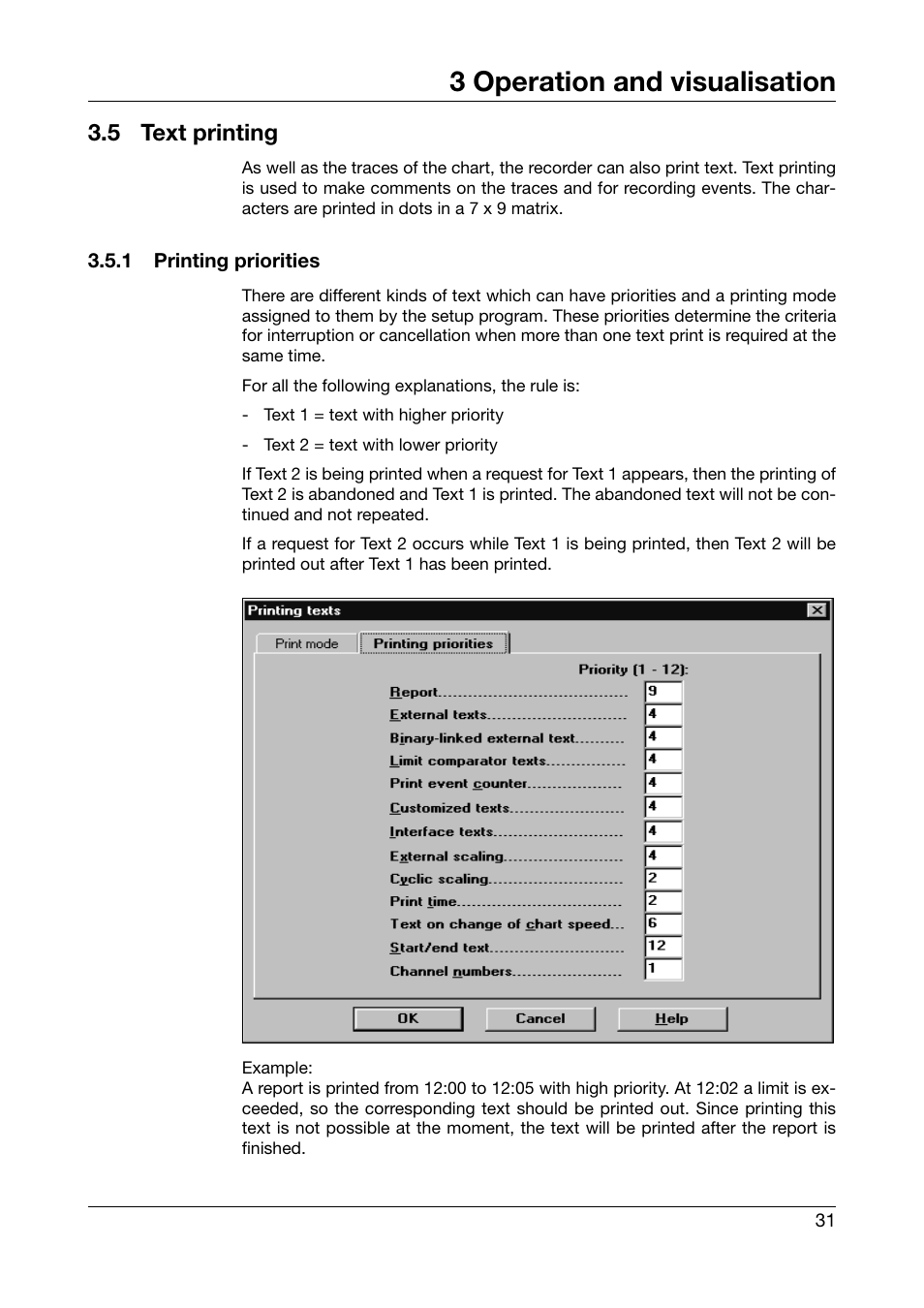 5 text printing, 1 printing priorities, Text printing | 3 operation and visualisation | JUMO 706030 LOGOPRINT 500 Printing Recorder Operating Manual User Manual | Page 31 / 116