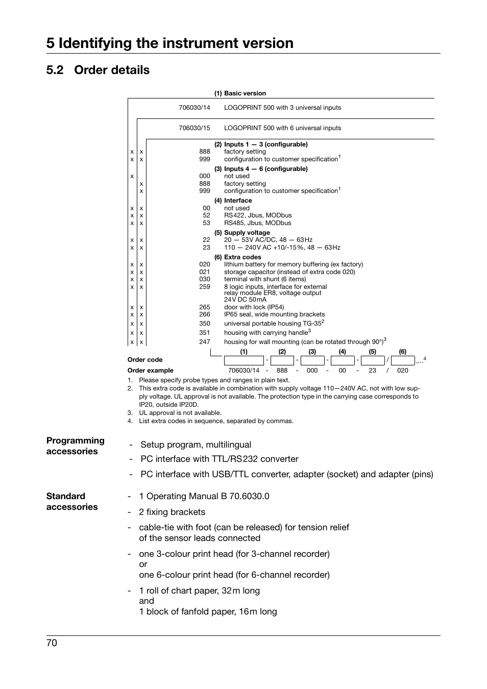 2 order details, Order details, 5 identifying the instrument version | JUMO 706030 LOGOPRINT 500 Printing Recorder Operating Manual User Manual | Page 70 / 116