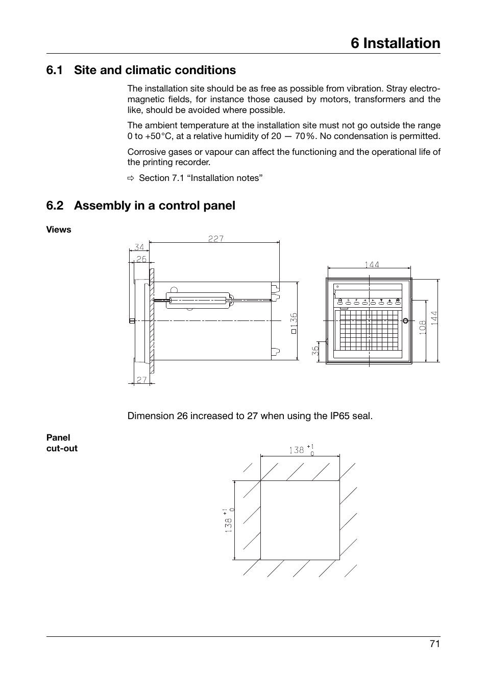 6 installation, 1 site and climatic conditions, 2 assembly in a control panel | Installation, Site and climatic conditions, Assembly in a control panel | JUMO 706030 LOGOPRINT 500 Printing Recorder Operating Manual User Manual | Page 71 / 116