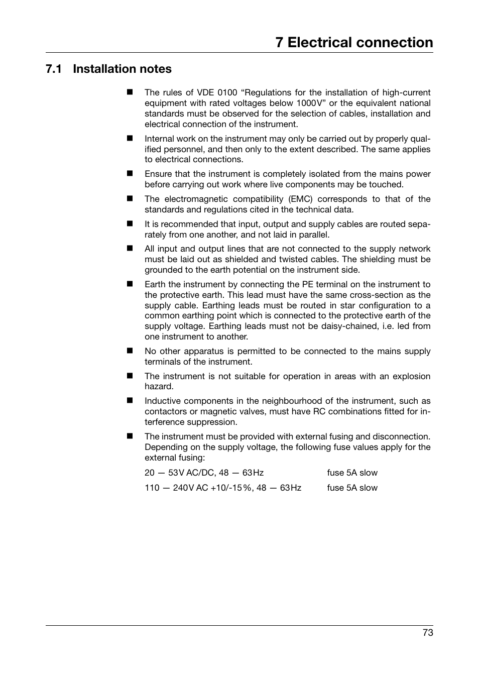 7 electrical connection, 1 installation notes, Electrical connection | Installation notes | JUMO 706030 LOGOPRINT 500 Printing Recorder Operating Manual User Manual | Page 73 / 116