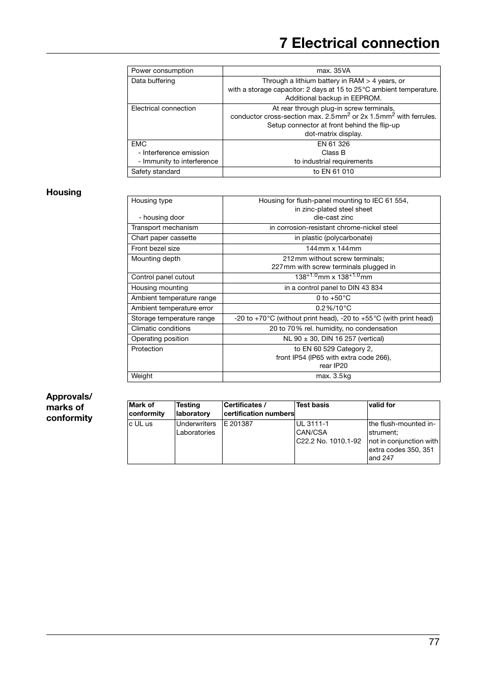 7 electrical connection, Housing approvals/ marks of conformity | JUMO 706030 LOGOPRINT 500 Printing Recorder Operating Manual User Manual | Page 77 / 116