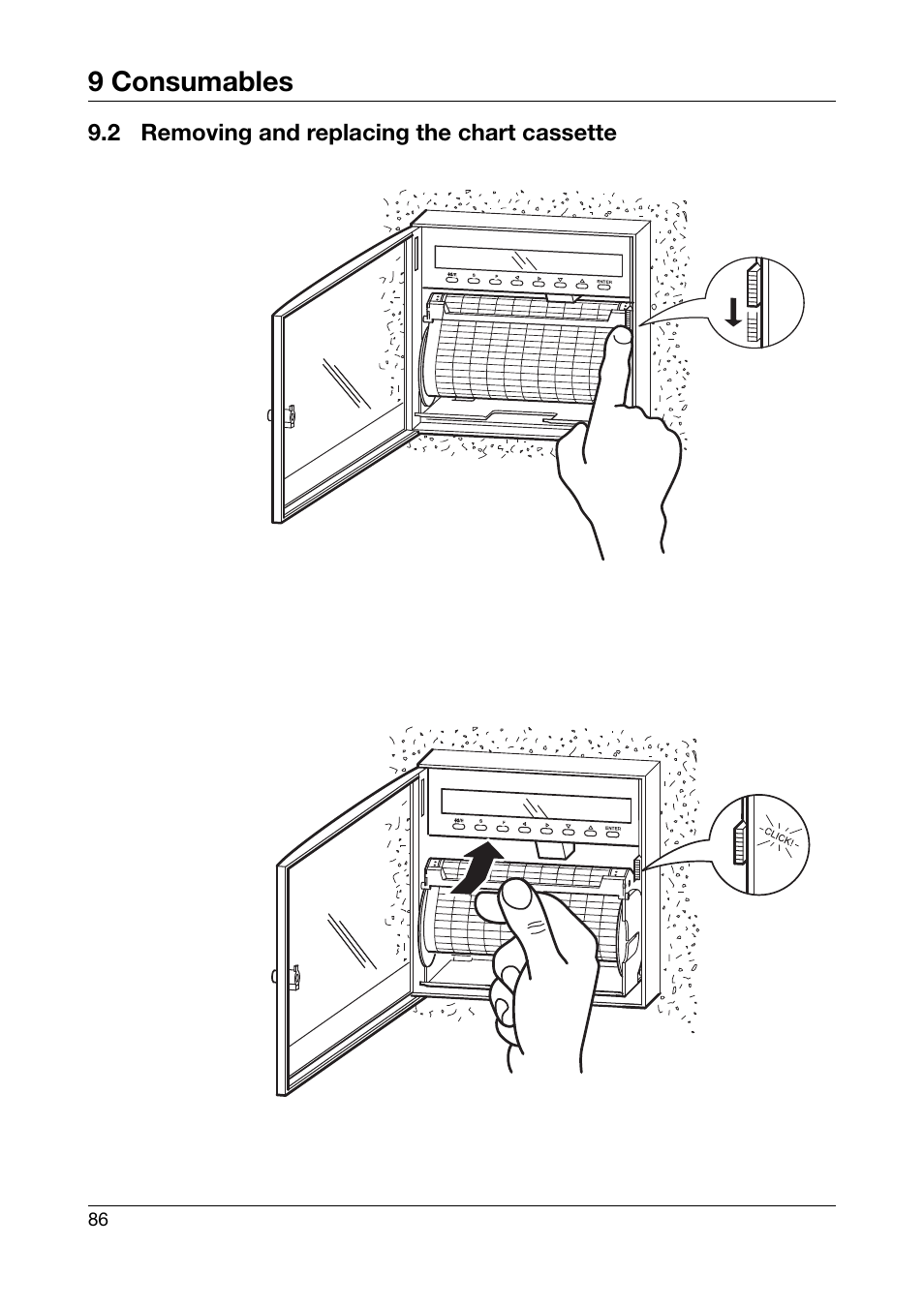 2 removing and replacing the chart cassette, Removing and replacing the chart cassette, 9 consumables | JUMO 706030 LOGOPRINT 500 Printing Recorder Operating Manual User Manual | Page 86 / 116