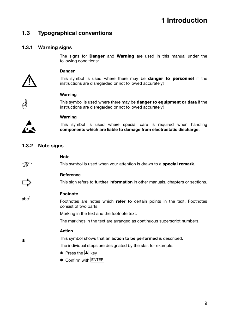 3 typographical conventions, 1 warning signs, 2 note signs | Typographical conventions, 1 warning signs 1.3.2 note signs, 1 introduction | JUMO 706030 LOGOPRINT 500 Printing Recorder Operating Manual User Manual | Page 9 / 116