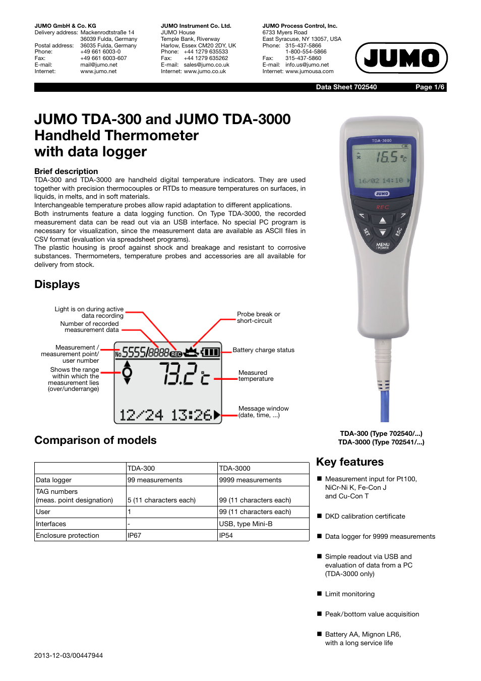 JUMO 702540 TDA-300 / TDA-3000 - Handheld thermometer Data Sheet User Manual | 6 pages