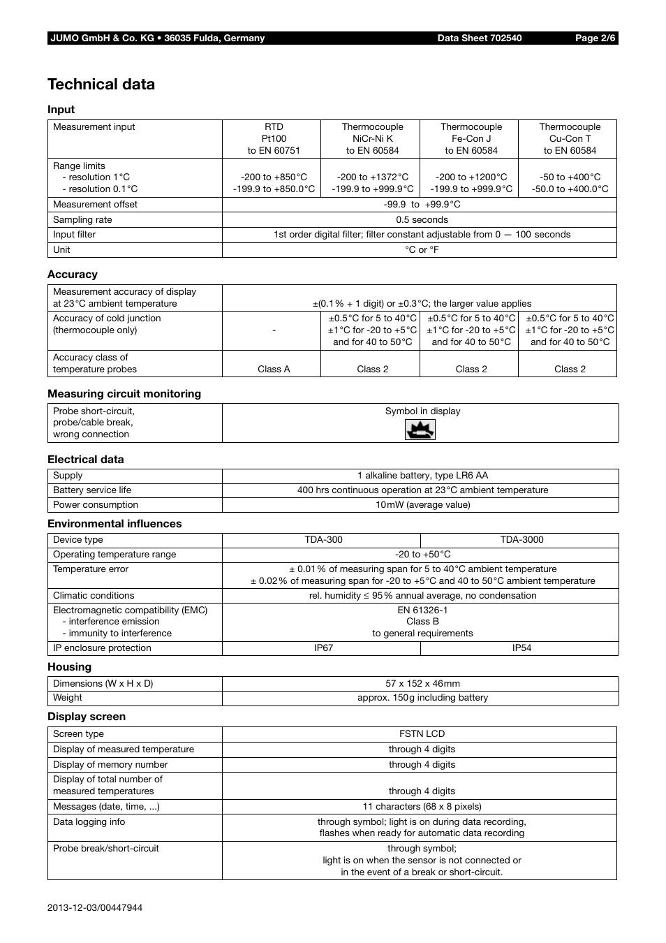 Technical data | JUMO 702540 TDA-300 / TDA-3000 - Handheld thermometer Data Sheet User Manual | Page 2 / 6