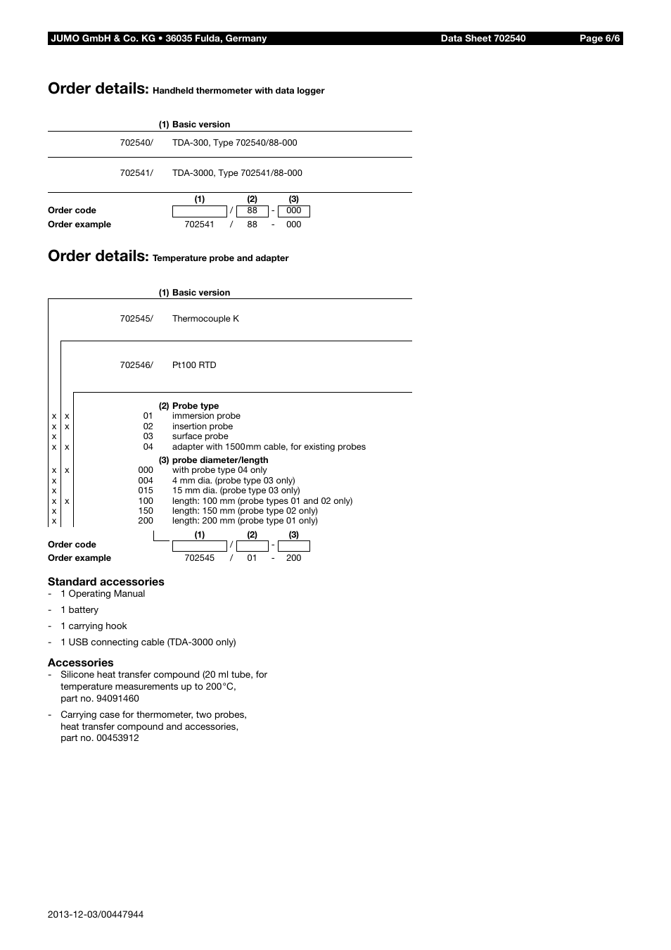 Order details | JUMO 702540 TDA-300 / TDA-3000 - Handheld thermometer Data Sheet User Manual | Page 6 / 6
