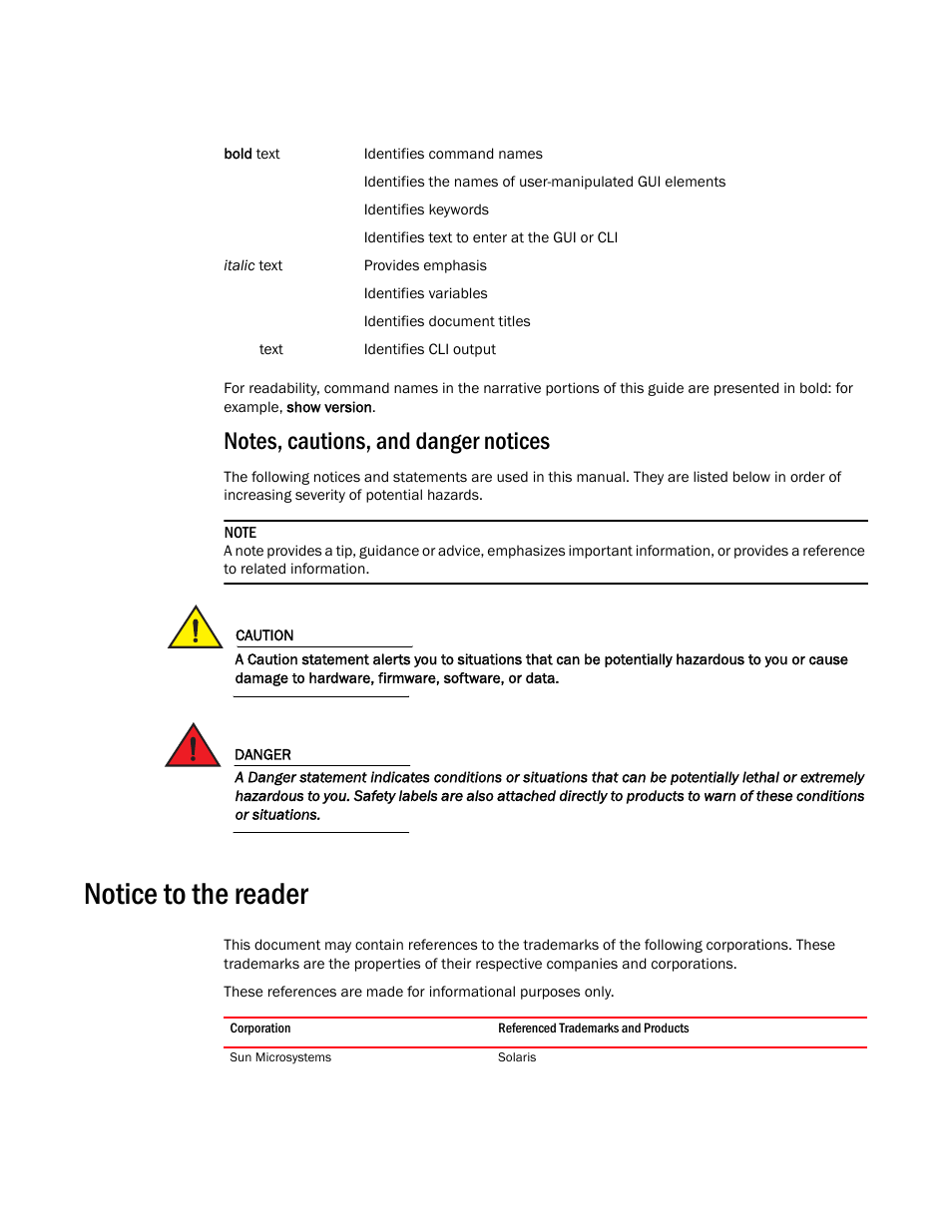 Notes, cautions, and danger notices, Notice to the reader | Brocade Communications Systems ServerIron ADX 12.4.00 User Manual | Page 10 / 267