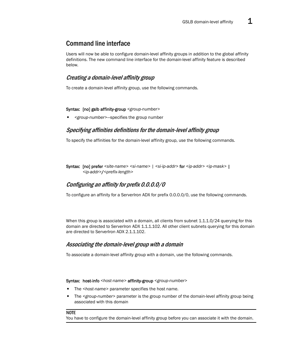 Command line interface, Creating a domain-level affinity group, Associating the domain-level group with a domain | Brocade Communications Systems ServerIron ADX 12.4.00 User Manual | Page 101 / 267