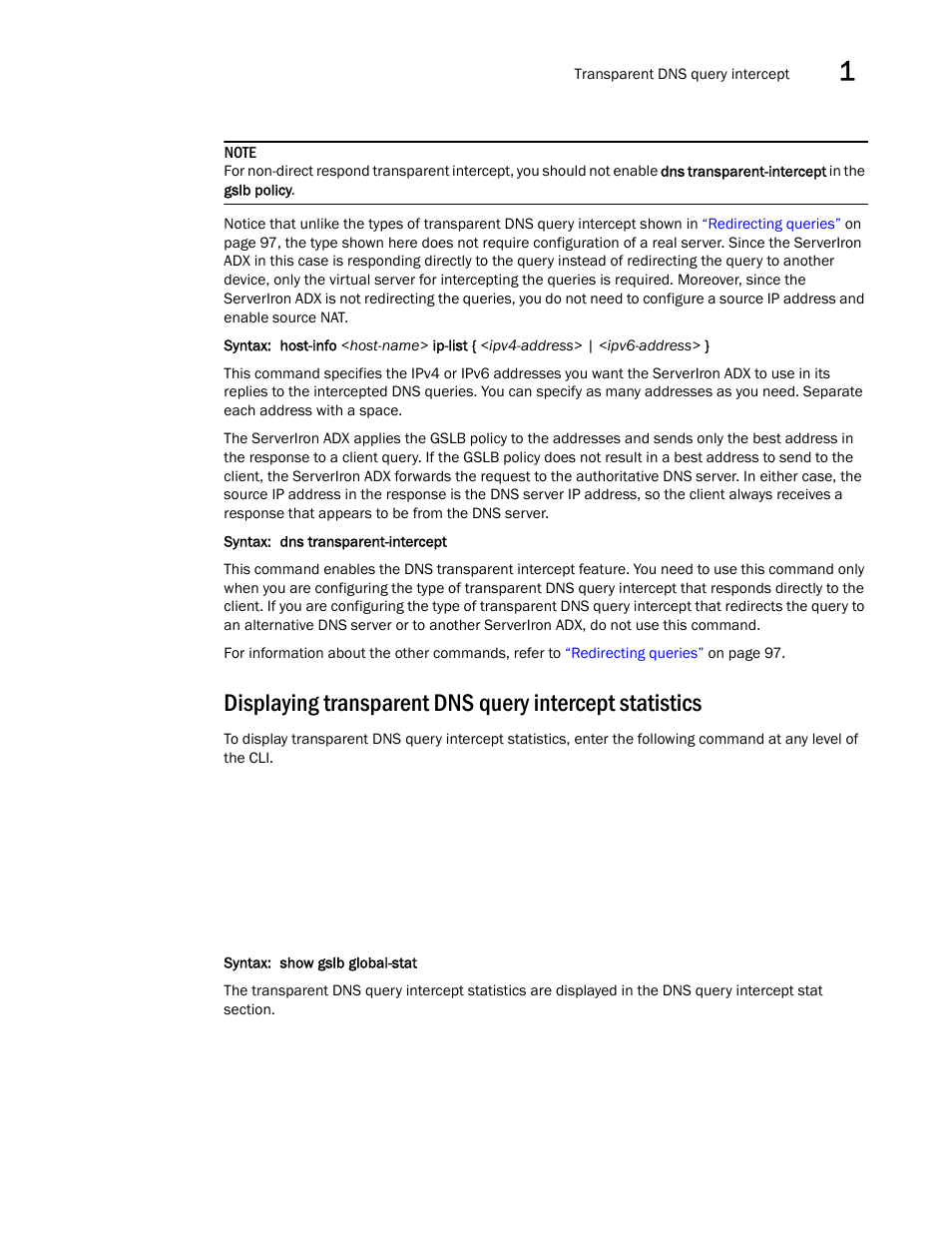 Displaying, Transparent dns query intercept statistics | Brocade Communications Systems ServerIron ADX 12.4.00 User Manual | Page 113 / 267