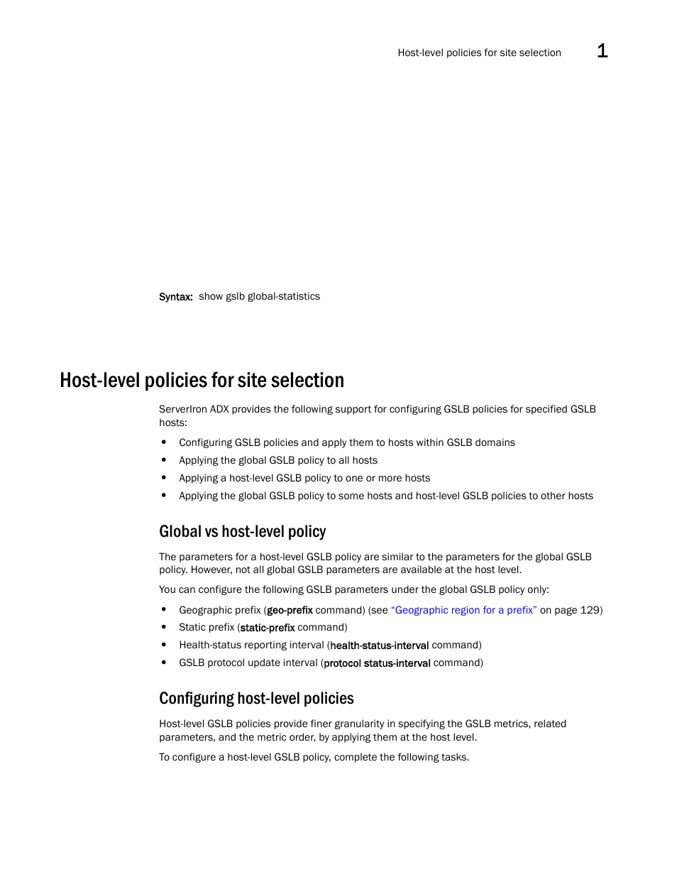Host-level policies for site selection, Global vs host-level policy, Configuring host-level policies | Brocade Communications Systems ServerIron ADX 12.4.00 User Manual | Page 129 / 267