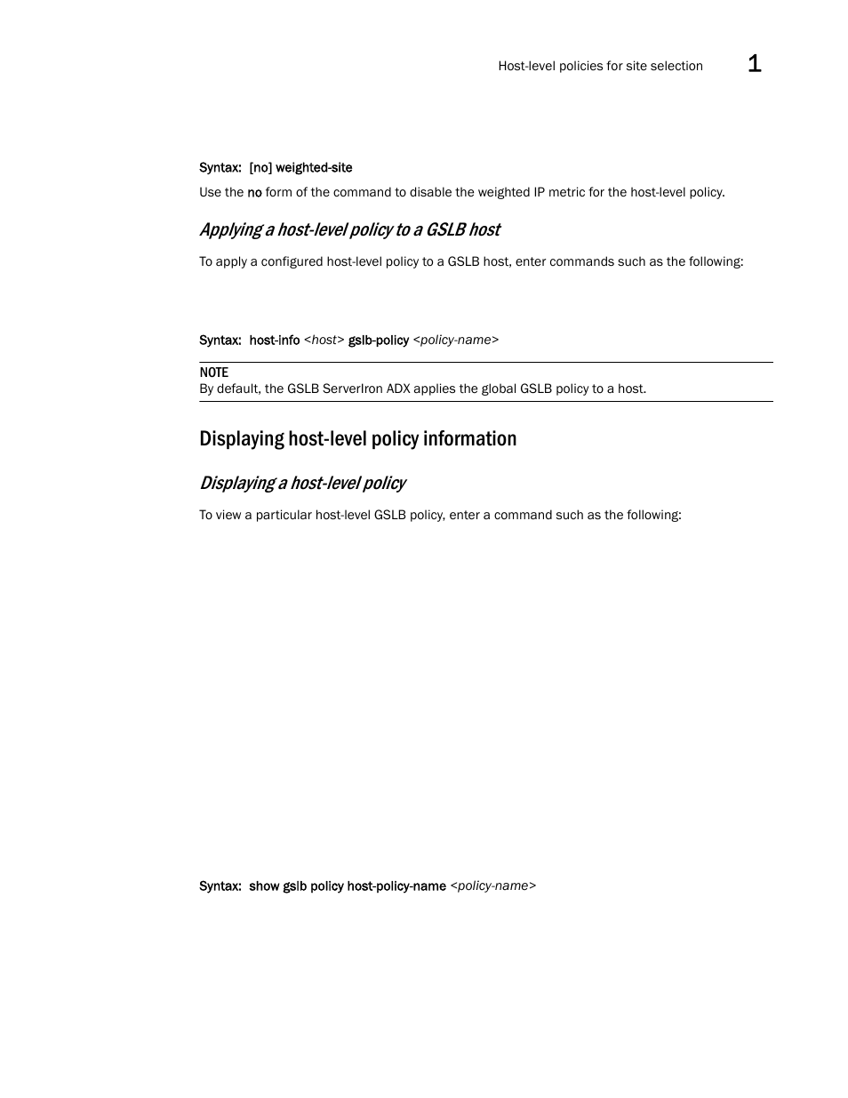 Displaying host-level policy information, Applying a host-level policy to a gslb host, Displaying a host-level policy | Brocade Communications Systems ServerIron ADX 12.4.00 User Manual | Page 137 / 267