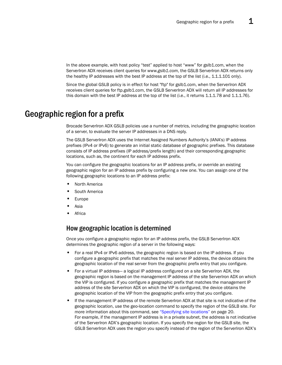 Geographic region for a prefix, How geographic location is determined | Brocade Communications Systems ServerIron ADX 12.4.00 User Manual | Page 141 / 267