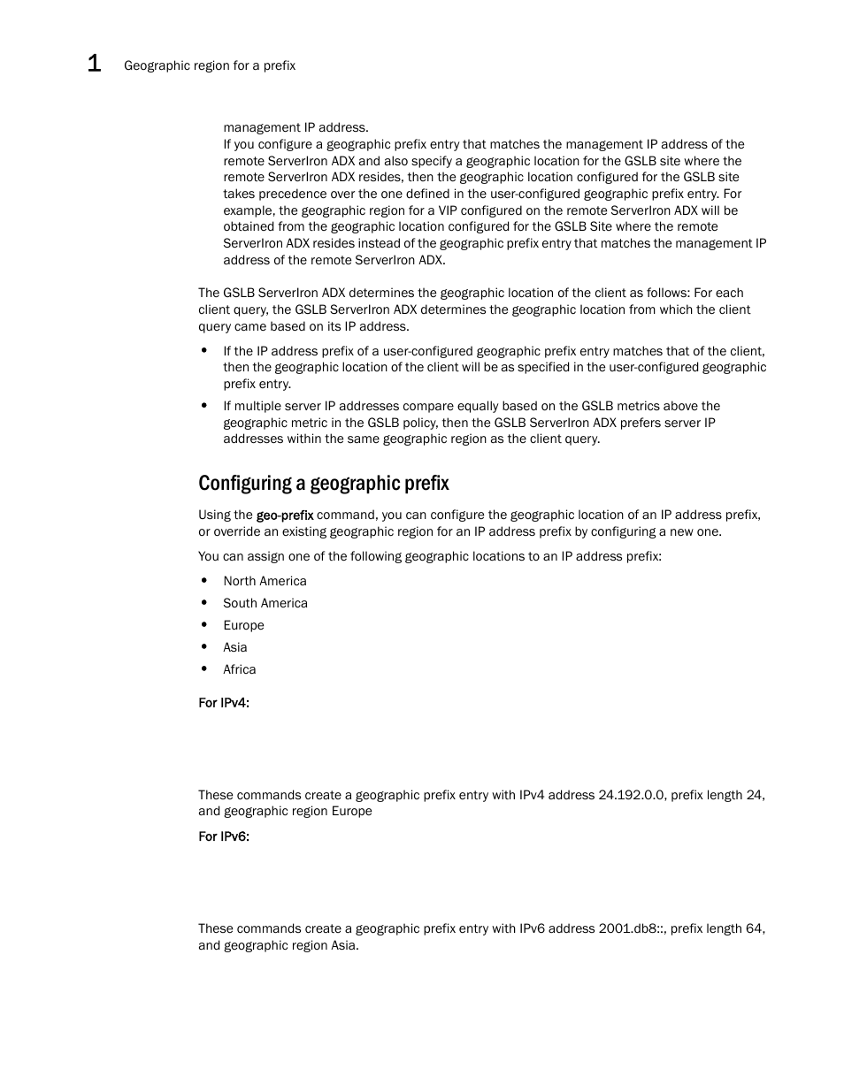 Configuring a geographic prefix | Brocade Communications Systems ServerIron ADX 12.4.00 User Manual | Page 142 / 267