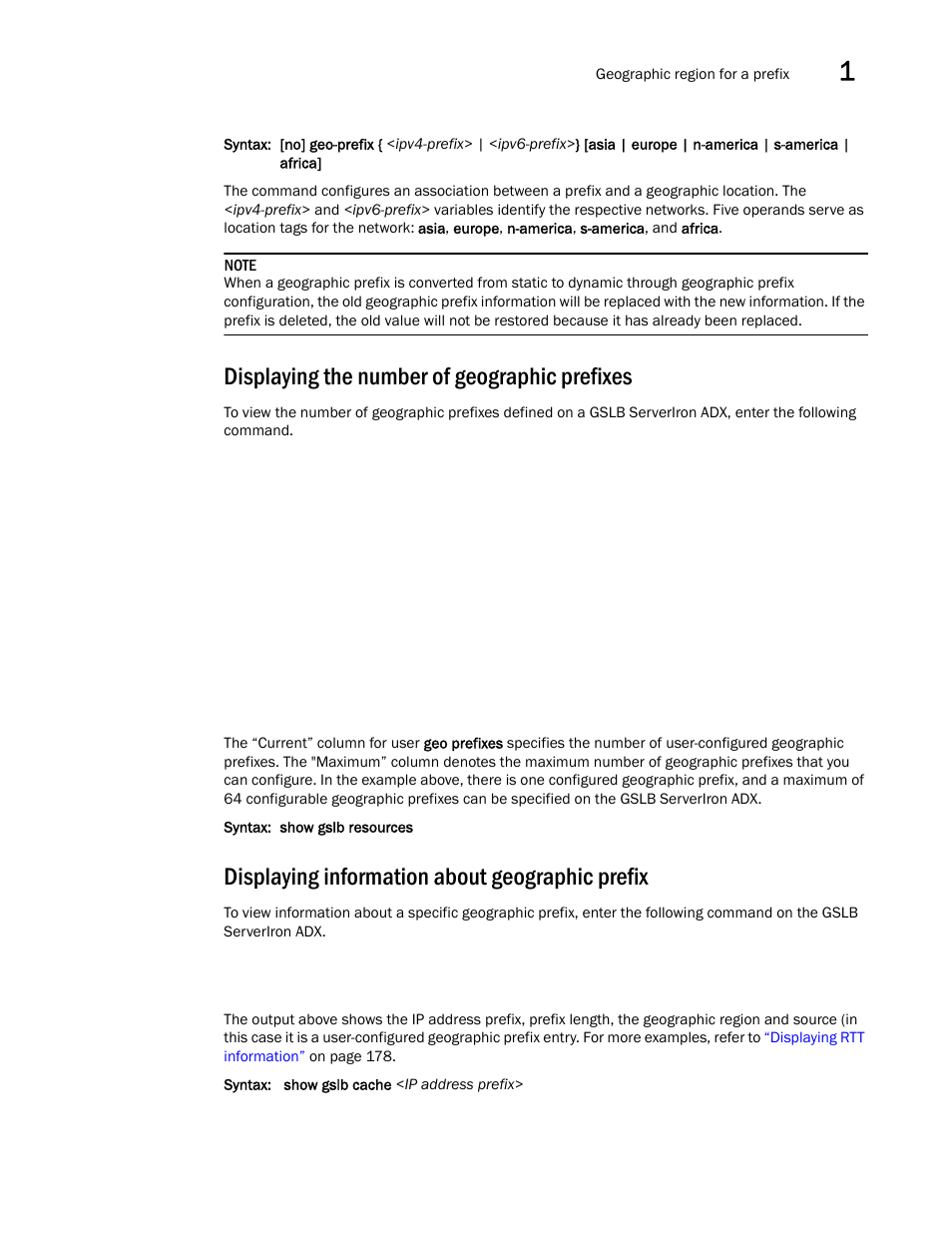 Displaying the number of geographic prefixes, Displaying information about geographic prefix | Brocade Communications Systems ServerIron ADX 12.4.00 User Manual | Page 143 / 267
