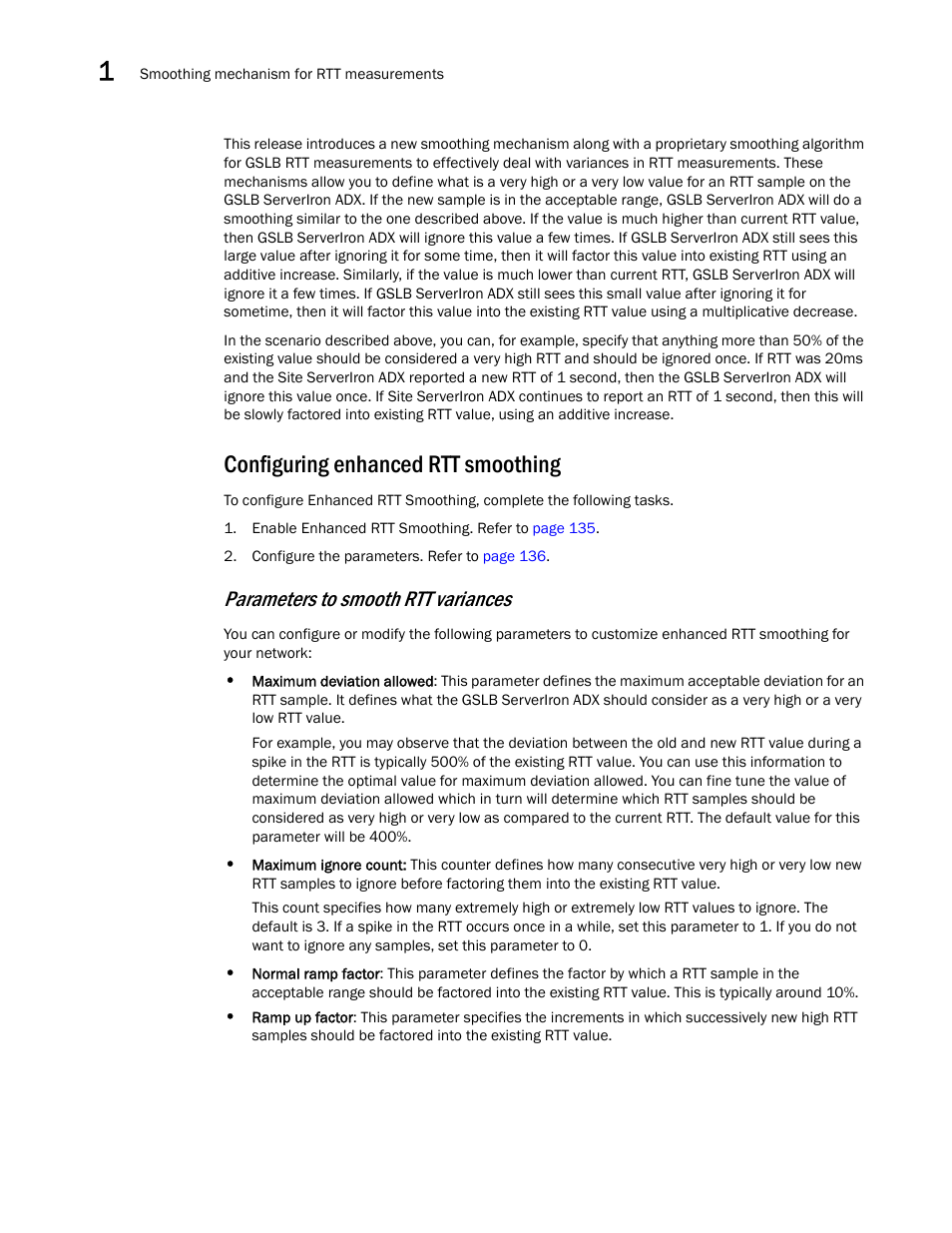 Configuring enhanced rtt smoothing, Parameters to smooth rtt variances | Brocade Communications Systems ServerIron ADX 12.4.00 User Manual | Page 146 / 267