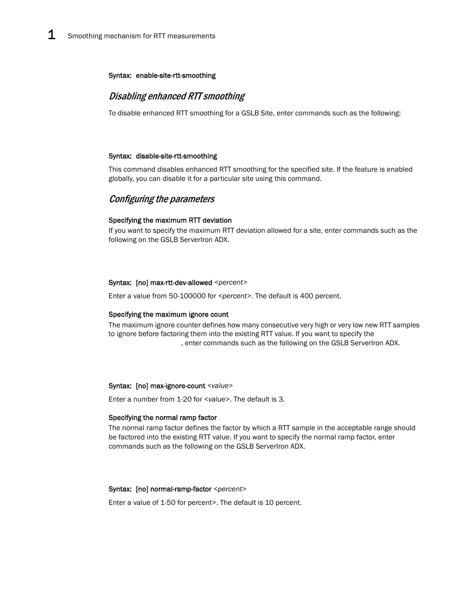 Disabling enhanced rtt smoothing, Configuring the parameters | Brocade Communications Systems ServerIron ADX 12.4.00 User Manual | Page 148 / 267