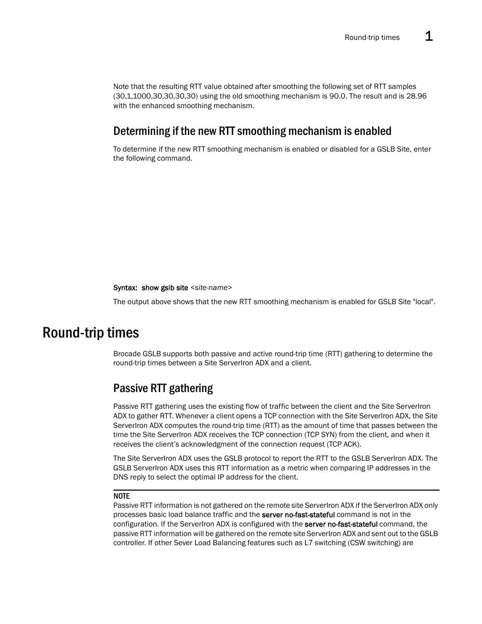 Round-trip times, Passive rtt gathering | Brocade Communications Systems ServerIron ADX 12.4.00 User Manual | Page 153 / 267